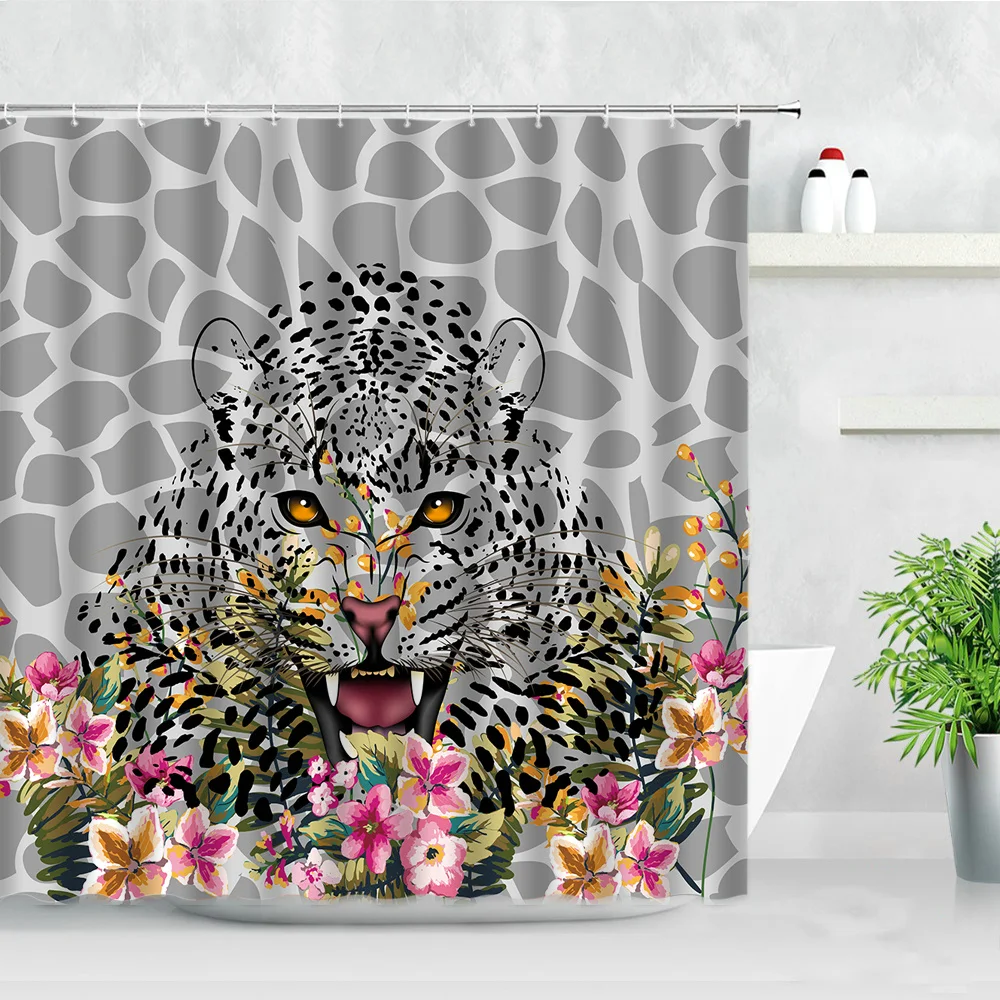 Leopard Print Shower Curtains Wild Animal Flowers Leaves Plant Hand