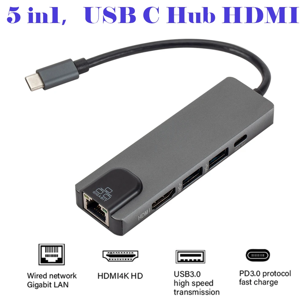 

USB C Hub 5 in 1 USB C Adapter with 4K HDMI RJ45 Ethernet Port Lan Adapter USB 3.0 Charging Port for MacBook/Pro/Air Windows