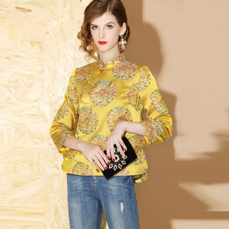 Chinese Cheongsam Tops For Women Traditional Chinese Blouse Shanghai Tang Clothing Red Yellow Chinese Fashion Clothes TA2149