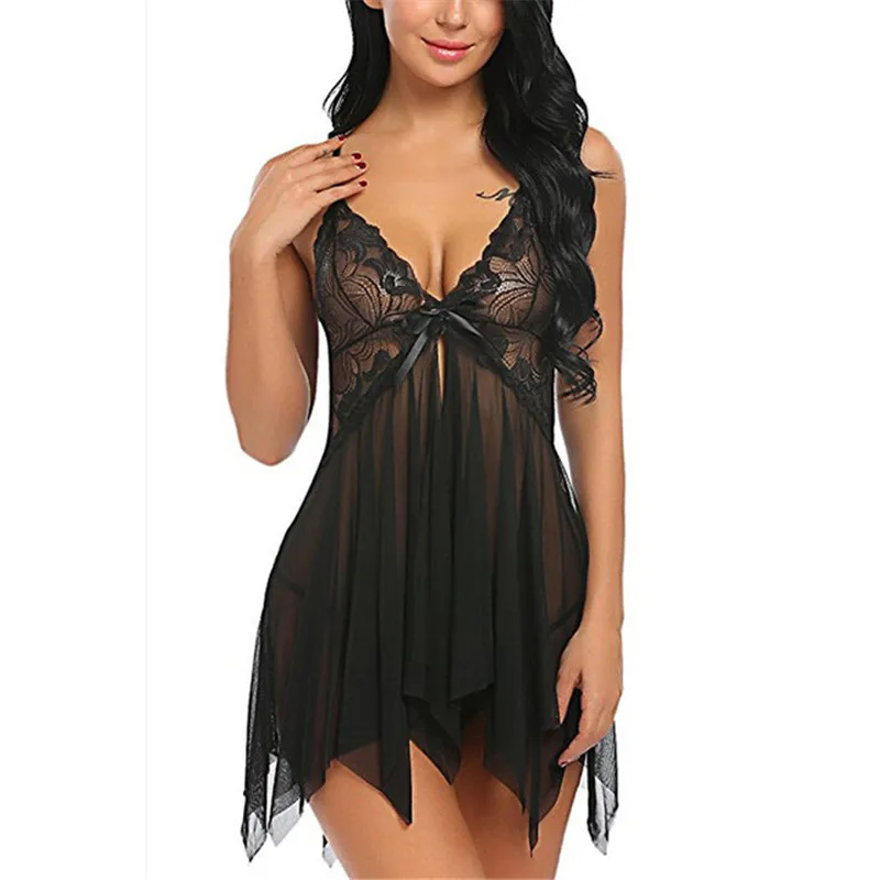 Transparent прозрачное Сетчатое Эротическое платье для женщин, сексуальное женское белье, ночное белье, женское сексуальное нижнее белье кружевное пикантное, костюмы для маленьких кукол, Mujer - Цвет: Black