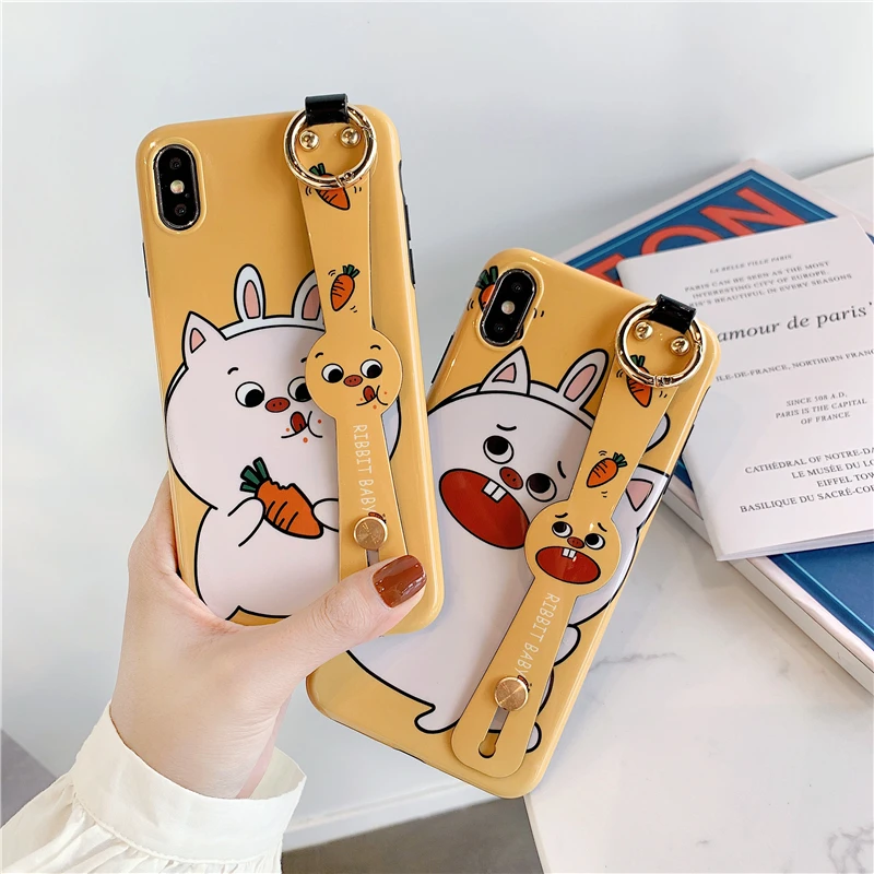 

Funny Lovely Cartoon Rabbit Anti Knock Phone Case With Wrist Strap Cell Phone Cover For Iphone 6 6S Plus 7 8 Plus X XS XR XSMAX