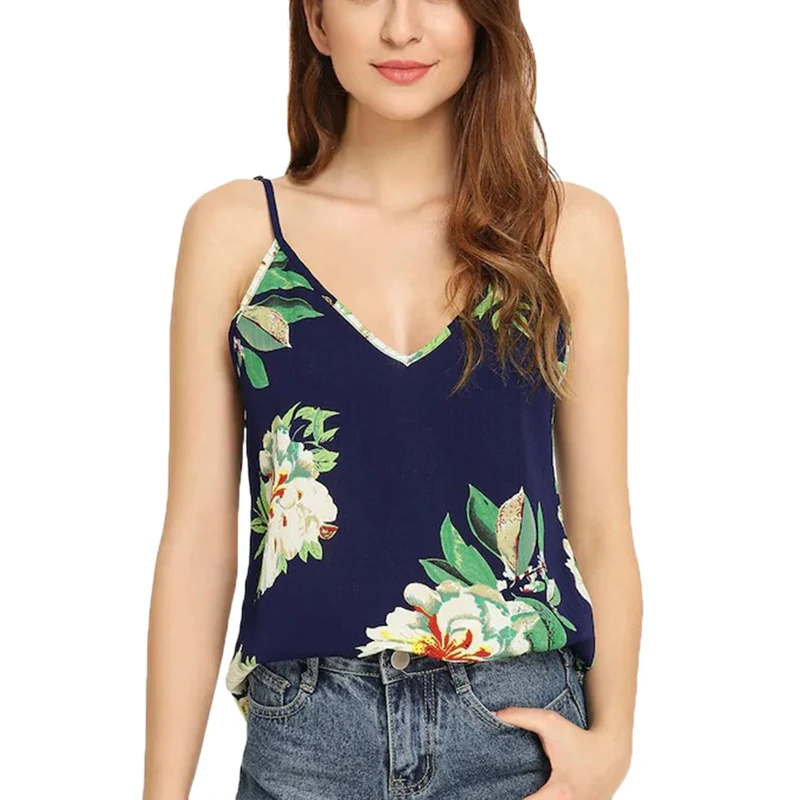 02 Летняя блузка на бретелях женская уличная одежда топы для клубной вечеринки новые женские сексуальные цветочные Camis v-образным вырезом без рукавов тонкий женский жилет - Цвет: 02