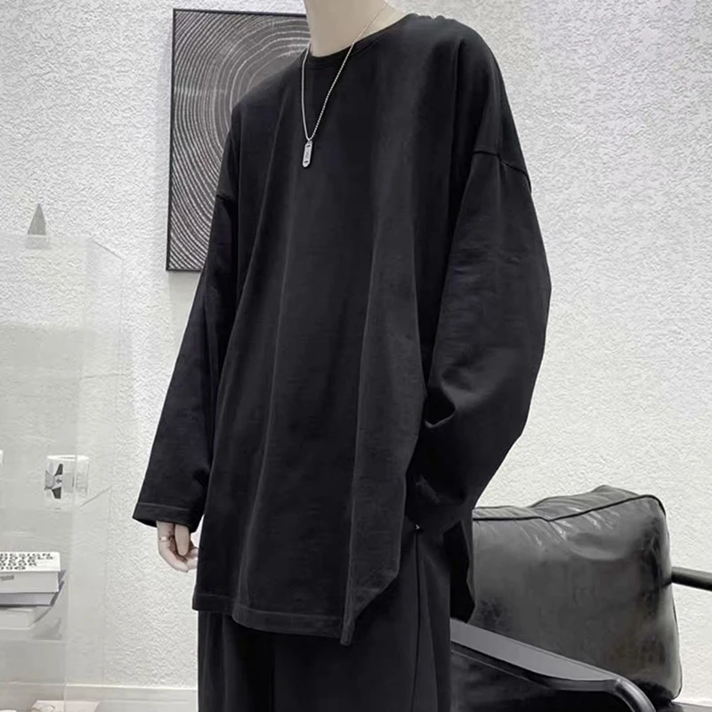 Irregular Loose Long Sleeve Men Tshirt Split Fork Fashion All-Match Solid Color Spring Summer Tops Oversized Japanese Streetwear