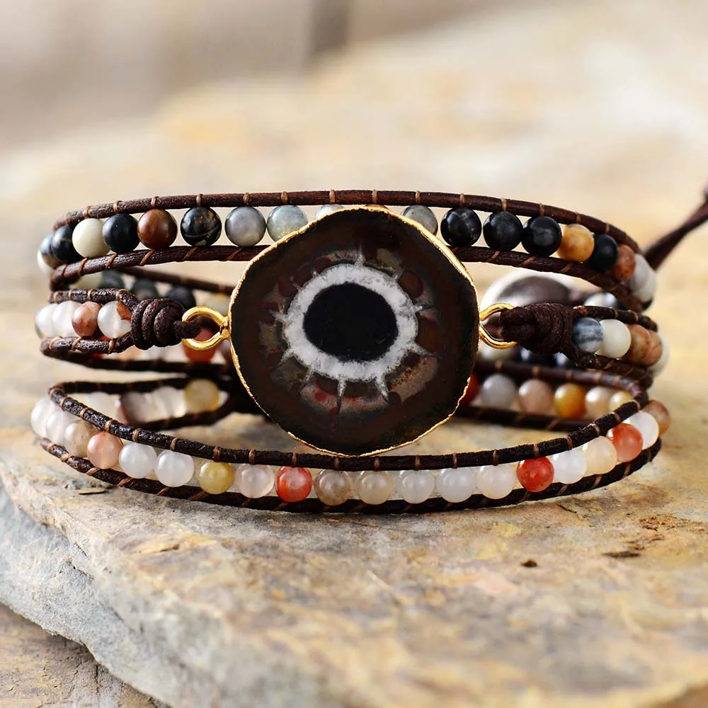 Дропшиппинг Wrap Браслеты натуральные камни Sun Japser Charm 3 слоя кожаный веревочный