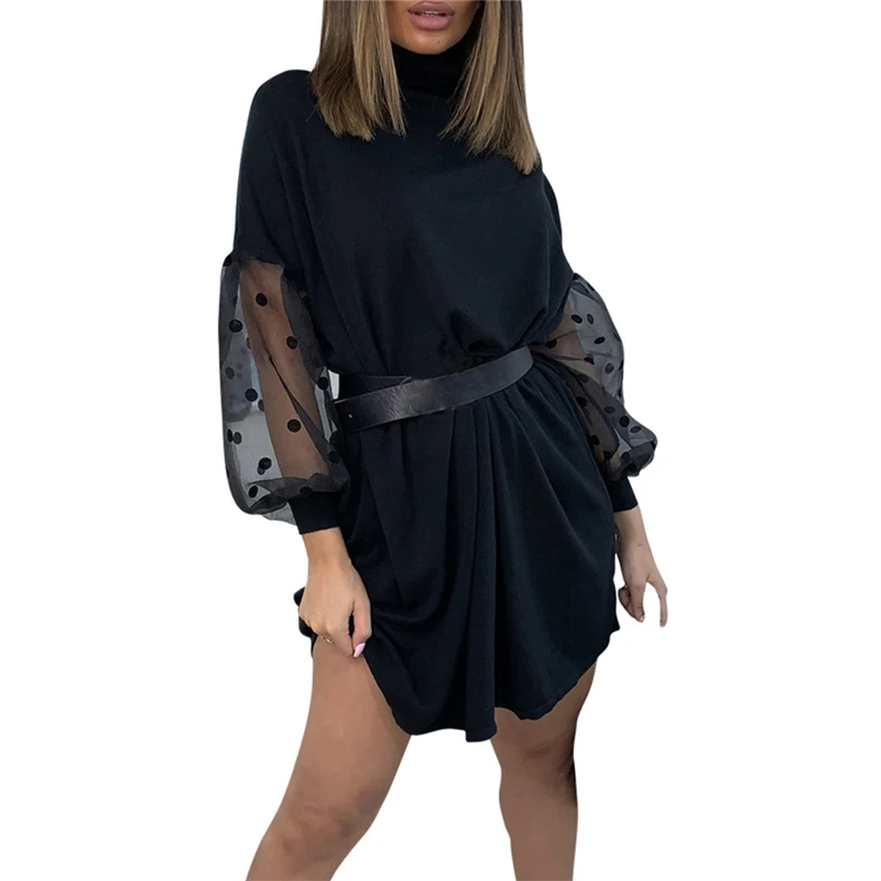 

Women Dress Puff Long Sleeve Tops Ladies High Neck Loose Dresses Polka Dot Print Womens Dresses Turtleneck Woman Dress