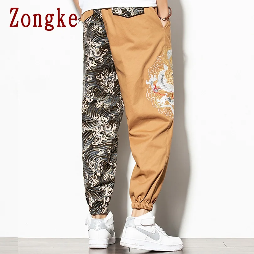 Zongke 2020 осенние шаровары с вышивкой дракона Мужские Джоггеры мужские Брюки