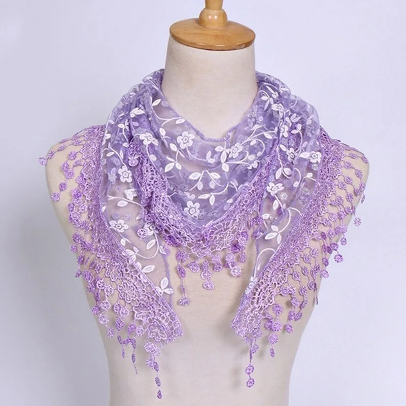 1PC New Women Fashion Triangle Tassel Wrap Lady Shawl Lace Sheer Floral Print Scarf Scarves For Women