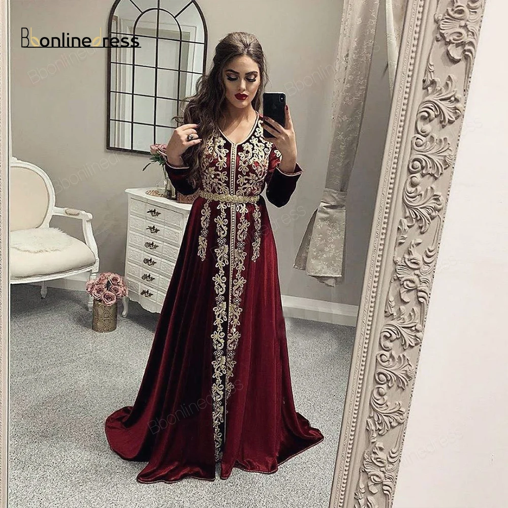 Модное бордовое марокканское платье с вышивкой длинное вечернее длинным рукавом