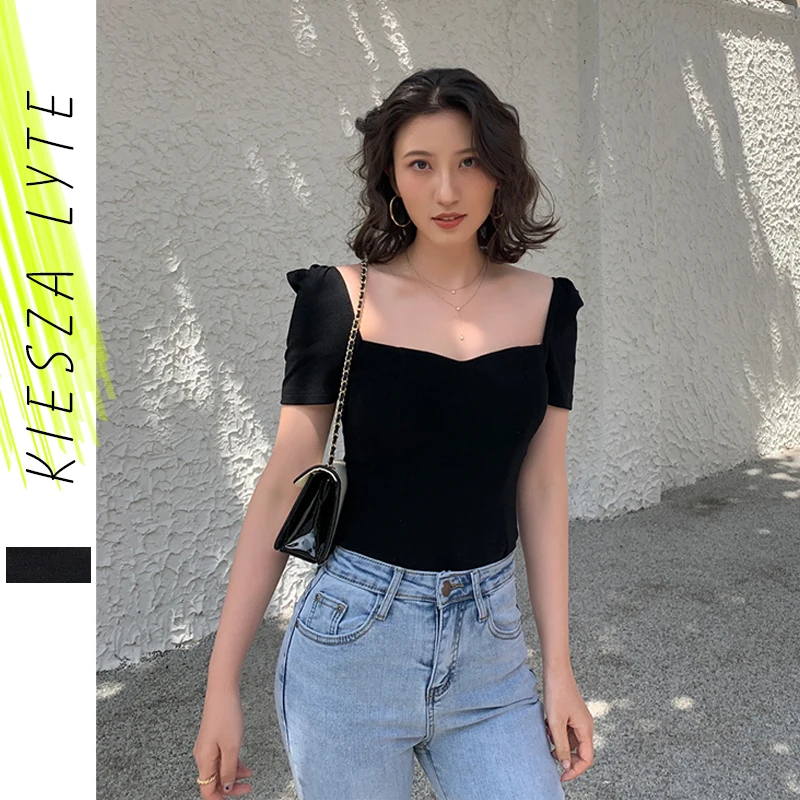 

Summer 2024 new women's T shirt Hepburn style solid black white square collar vintage sexy knit blouse tops