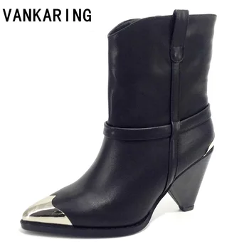 

brand fashion runway shoes women black metal studded pointed toe ankle boots women black shoes sexy spike heels booties mujer