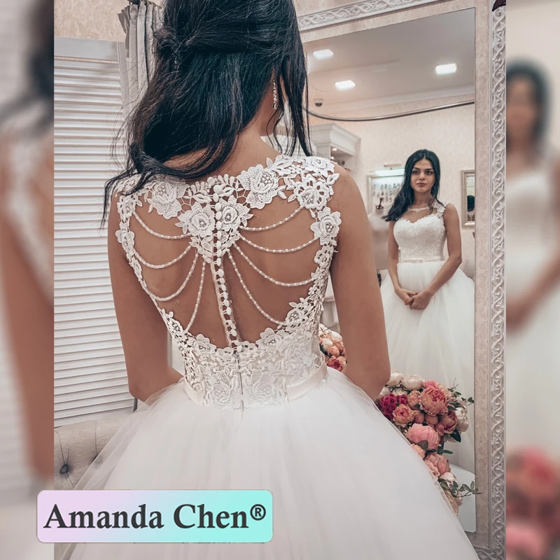 

suknia slubna Cap Sleeve Lace Applique Pearls Wedding Dress