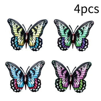 

4pcs Artificial Crafts Hanging Decor 3D Patio Garden Backyard TV Background Sculpture With Hook Wall Art Bedroom Metal Butterfly