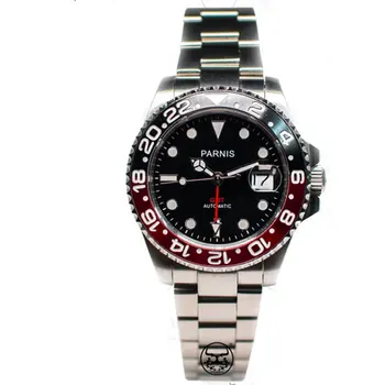 

Solid Parnis 40mm black dial luminous marks sapphire crystal date magnifier GMT function automatic movement men's wrist watches
