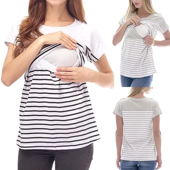 

Breastfeeding Short Sleeve Shirt Women Maternity Short Sleeve Stripe Splicing Mom Nursing Baby Tops T-shirt Lactation HOOLER