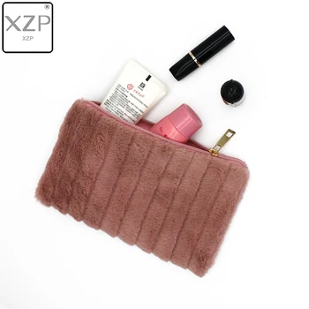 

XZP Pink Fur Cosmetic Bag Large Capacity Storage Bag Travel Multi-function Girl Plush Makeup Pencil Bag Fur Decor Zipper Box