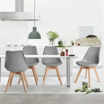 

Dining Chair Set of 4 Modern Minimalist Gray White Black PU Padded Seat Beech Wood Legs Dining Room Bedroom Balcony Restaurant