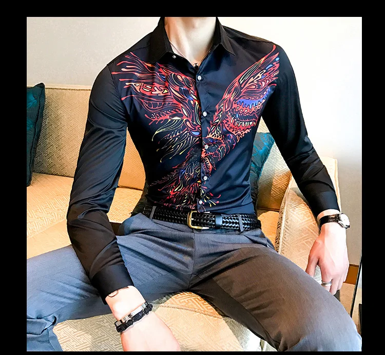 Роскошные Золотые рубашки с принтом Camisa MasculinaRopa De Hombre повседневные мужские рубашки Клубные рубашки дизайн Camisa Social Slim Fit