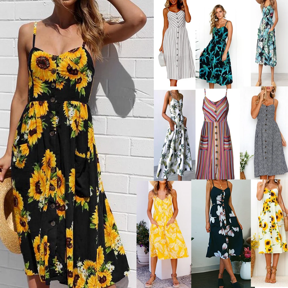 

2020 Women Summer Dress Sexy Backless Midi Dress Boho Polka Dot Striped Floral Beach Dress Female Casual Vintage Button Sundress