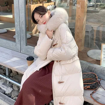 

Down jacket women mid-length 2020 new white duck down fox fur collar over the knee coat
