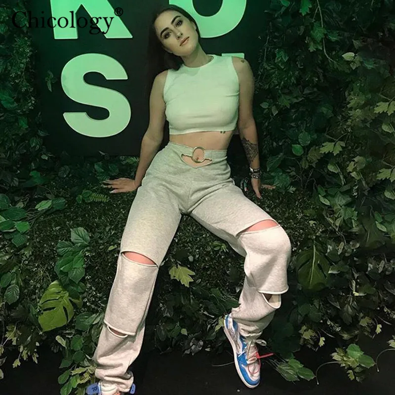 

Chicology hollow out korean style sexy streetwear pants high waist bottom 2019 autumn winter women female casual trousers