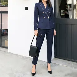 Для женщин брючные костюмы для комплект из 2 частей двубортный синий полосатый Блейзер куртка и брюки дамы бизнес офисные