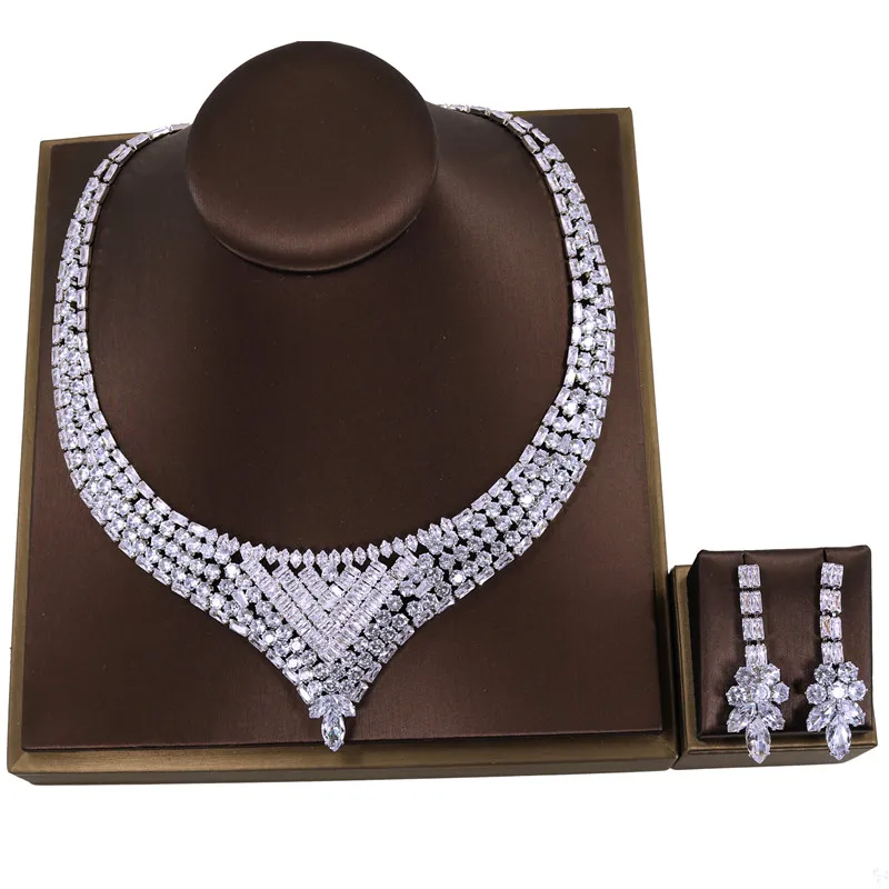 

Handmade Luxury Zircon Bridal Necklace Earring Set Fashion Wedding Exquisite Crystal Necklace Jewelry Set Wholesale Accessories