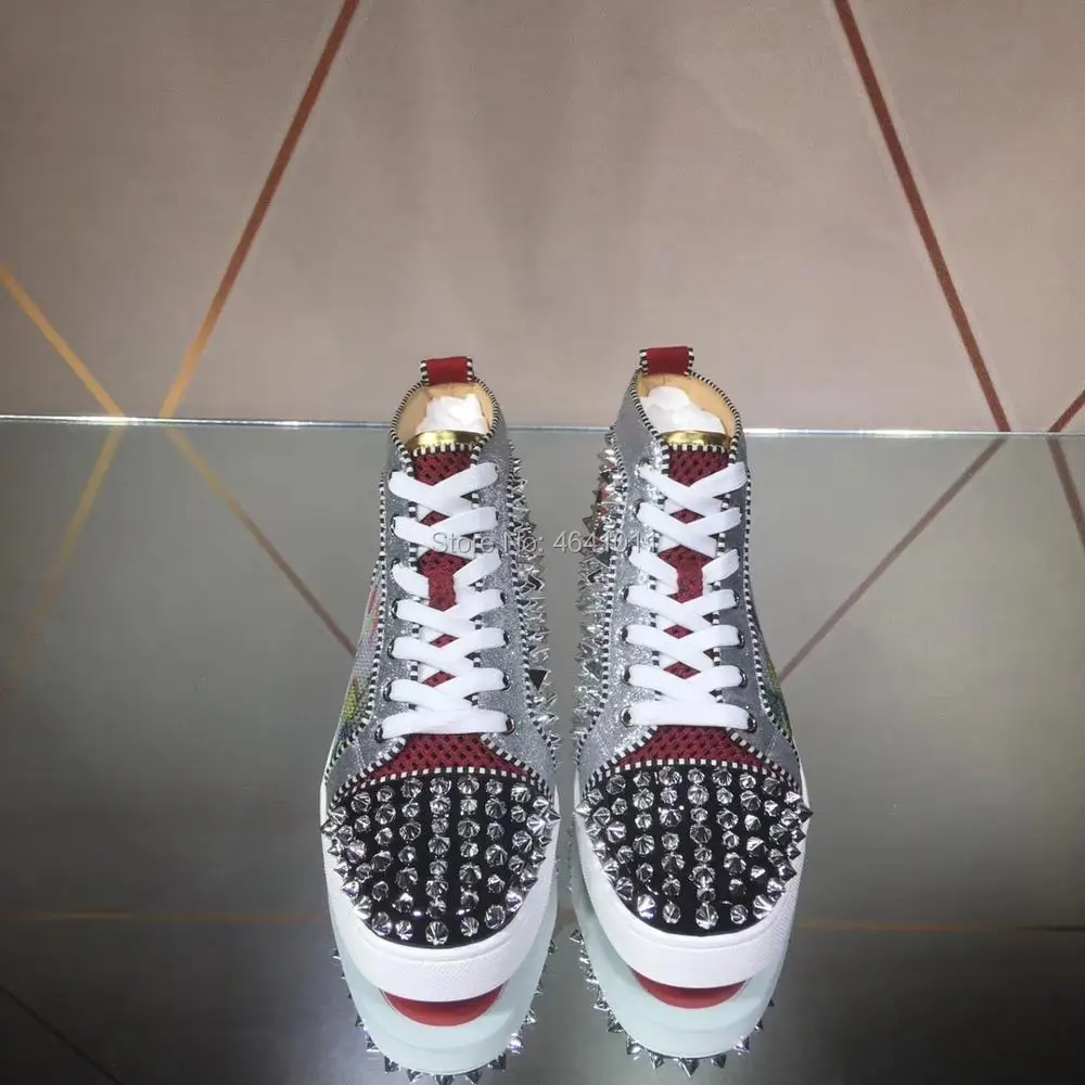 High Top cl andgz Sliver Graffiti leather red bottom shoes For Men Prom Rivet Toe Cap Crystal Heel casual Sneakers Flat Loafers