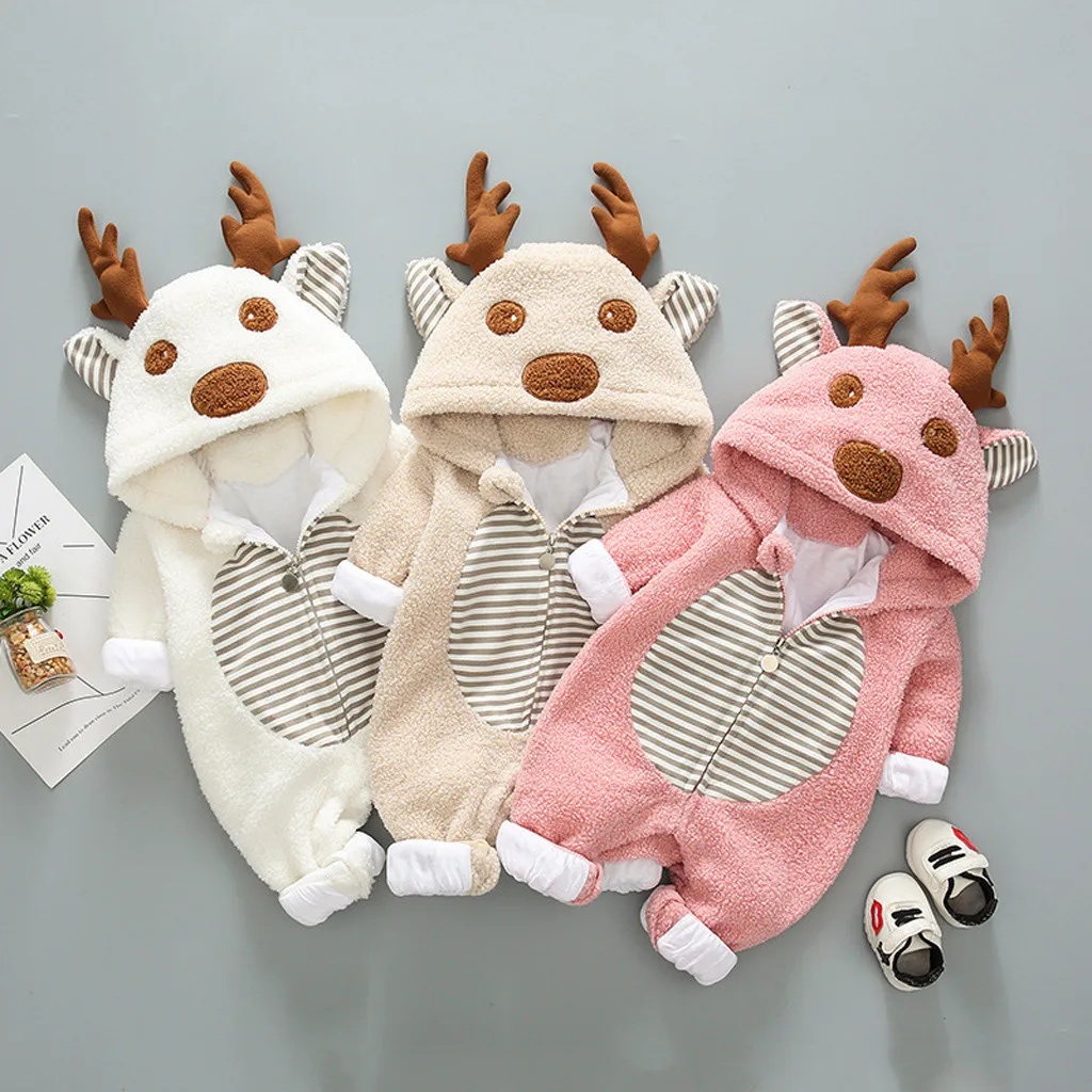 Hooded Baby Rompers New Born Baby Clothes Newborn Fleece Cartoon Winter Coat Warm Jumpsuit Christmas Coat Antlers Outwear Wy4