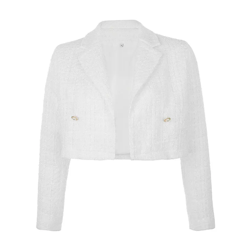 White OOTN элегантное клетчатое твидовое укороченное Белое Женское пальто с длинным рукавом офисное Женское пальто модная куртка пальто Ретро верхняя одежда на пуговицах - Цвет: White
