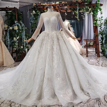 شراءBGW HT41712 فستان زفاف فاخر كاتدرائية قطار الكرة ثوب الخرز س الرقبة Ruched طويلة الأكمام ثوب زفاف Vestido De Noiva Luxo