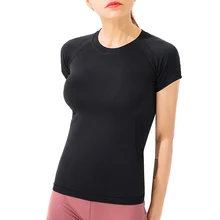 Новые женские топы сплошной цвет дышащий Slim Fit быстросохнущая Йога футболка с коротким рукавом