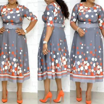 

African Fashion Women Dress 2019 Fall Belted Polka Dot Office Ladies Causal Long Dresses Plus Size Retro Maxi Vestidos 3XL