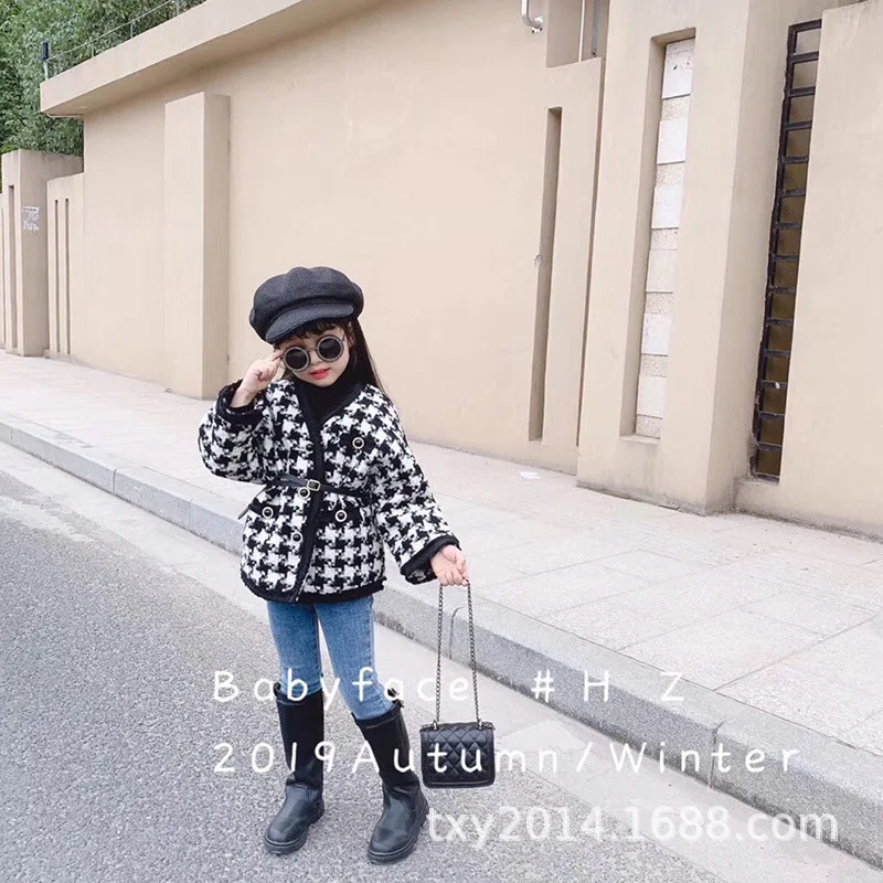 

Children's Wear 2019 Winter New Houndstooth Girls Wool Cotton Belts Warm Jacket Coat