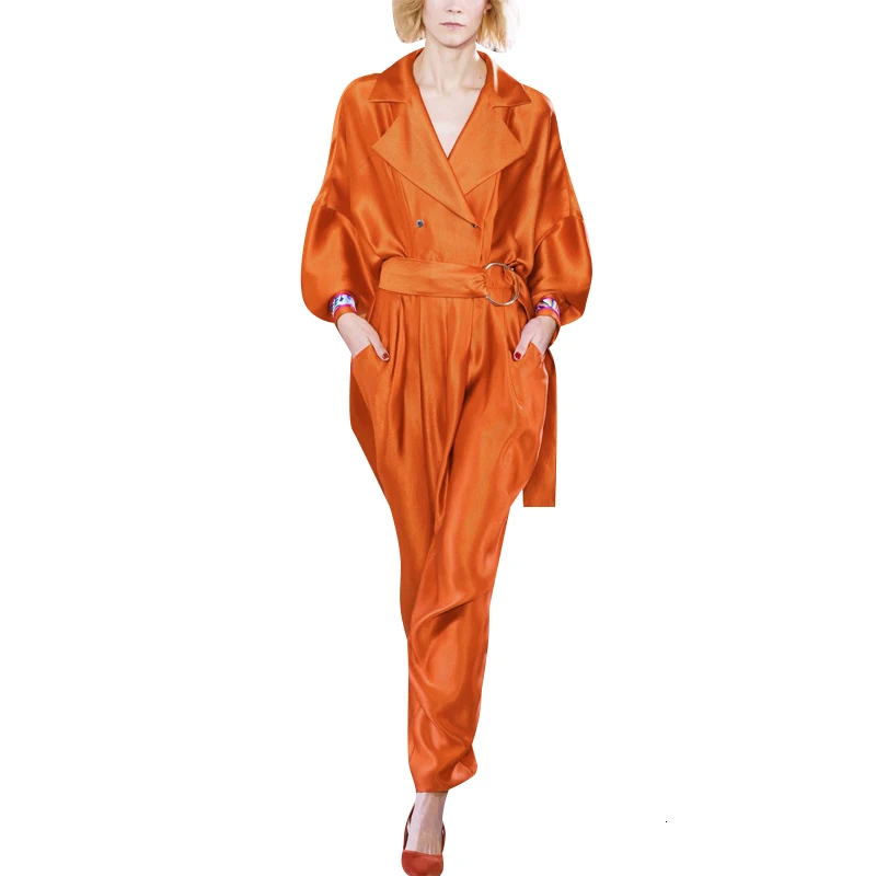 TWOTWINSTYLE сатиновый негабаритный комбинезон для женщин с отворотным воротником и длинными рукавами, с высокой талией, со шнуровкой, Комбинезоны женские осенние модные