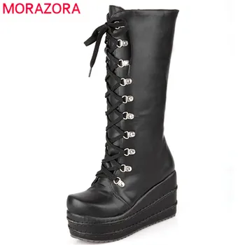 

MORAZORA 2020 new arrival mid calf boots women lace up zip European Style wedges platform boots autumn winter casual shoes woman