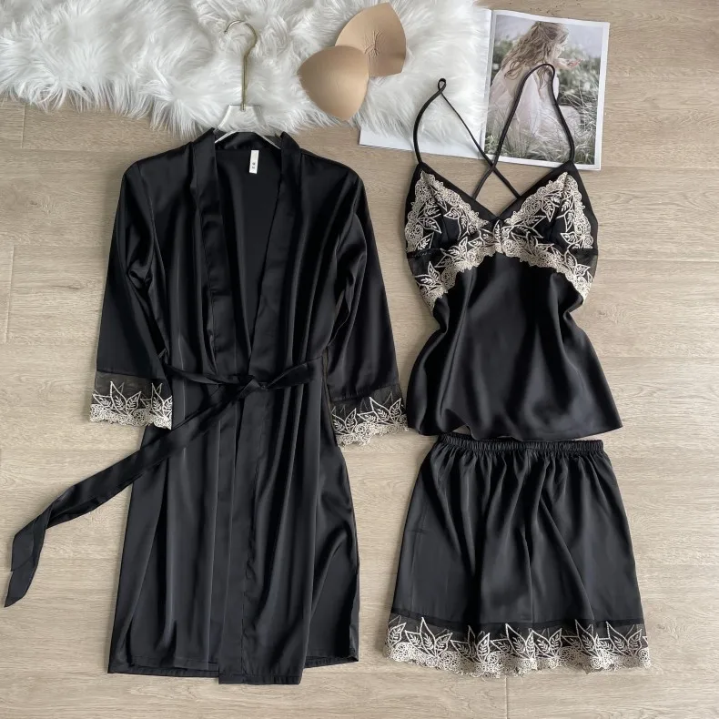 

3PCS Women Lace Kimono Robe Gonw Sets Spring Lingerie Bathrobe Bride Dressing Gown Sleepwear Sexy Nightgown&Shorts Home Clothes