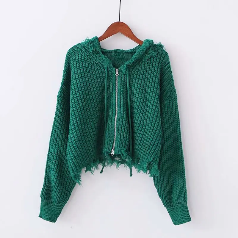 Western Style-New Products Tassels Flash Irregular Sweater Hooded Zipper Sweater Short Long-sleeved Coat