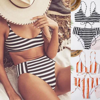 

JAYCOSIN Women's Two Piece Filled Bra Sexy Split Striped Bathing Female Bra Summer Lingerie Beachwear High Waist Casual 19Dec10