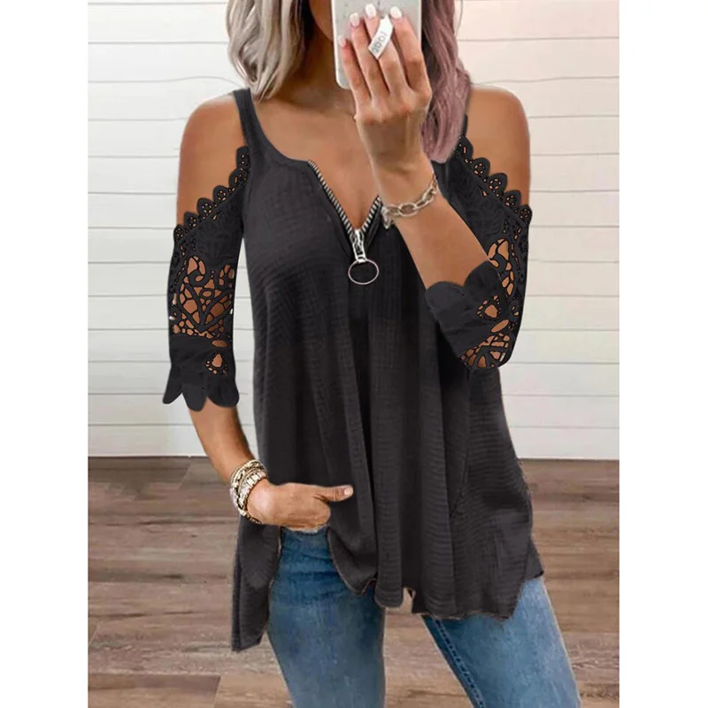 Women's Lace Petal Half Sleeve Zipper Loose V-Neck Casual Top – Summer 2023 Collection