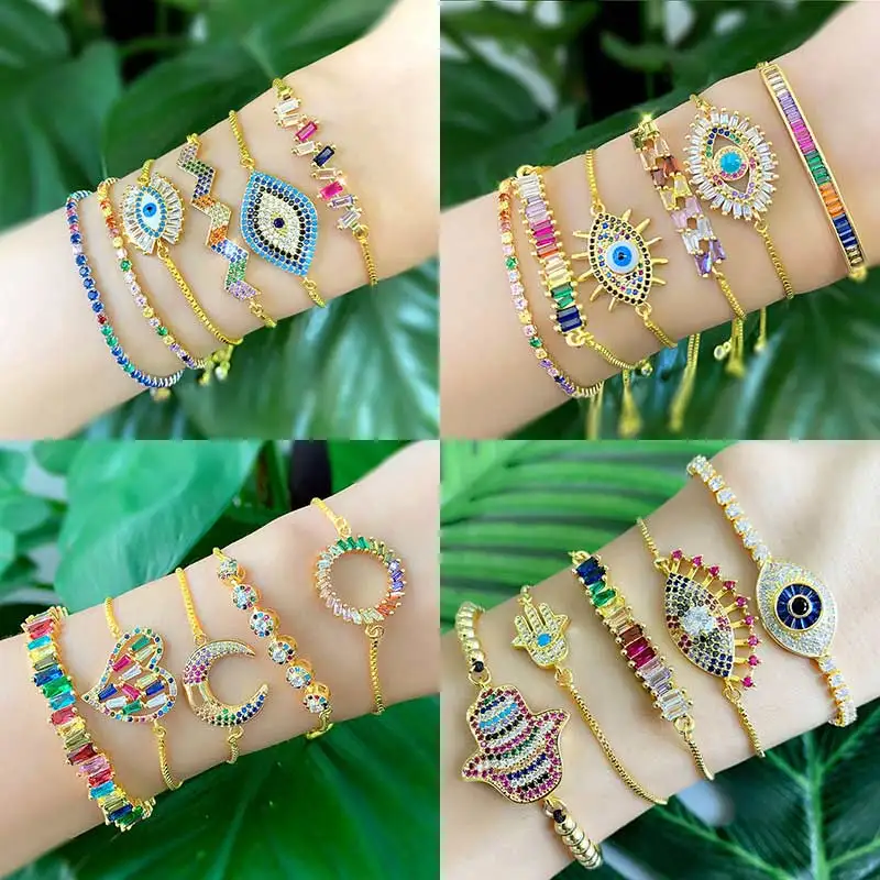 Dvacaman CZ сглаза браслет наборы для женщин в стиле барокко Красочный Кристалл Сердце ладонь геометрический Браслет Цепочка Рождественский подарок