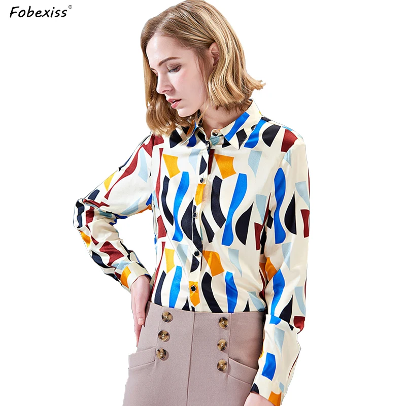 

Natural Silk Blouse For Women High Quality 2020 Spring New Plus Size Long Sleeve White Print Pure Silk Satin Shirts Office Lady