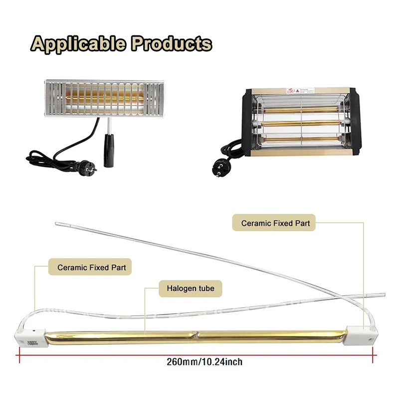 HoneyFly-lâmpada infravermelha dourada do halogênio, único tubo espiral do calefator do cabo, aquecimento, secando o tubo de quartzo, 260mm, 220V, 1000W