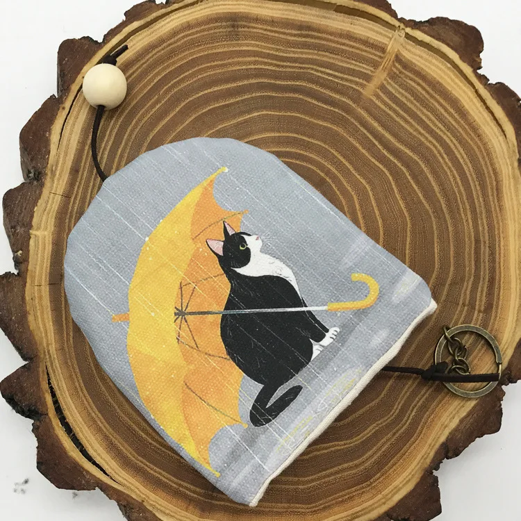 black cat Alasir, ручной работы, кошелек для ключей, китайский стиль, холст, цветы, держатель для ключей, Ретро стиль, креативный Брелок Сумочка, Женский кошелек с милым принтом - Цвет: black cat
