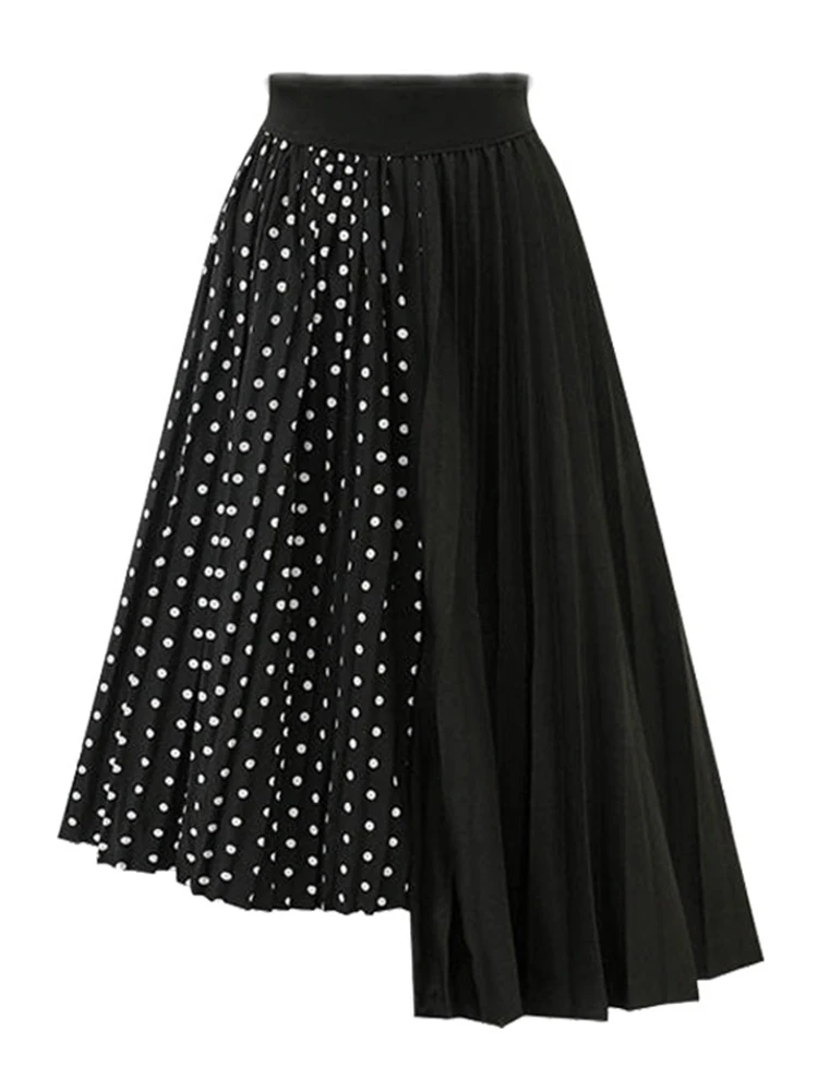 Ассиметричная юбка в горошек плиссированная трапеция белая черная Офисная