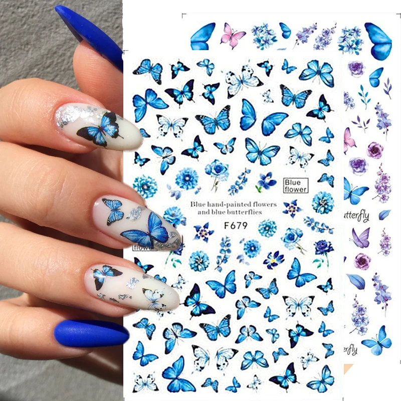 

Blue Butterfly Nails Stickers Colorful iridescent 3D Flower Leaves Self Adhesive Sliders For Nail Art Manicures Decorations
