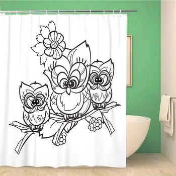 

Bathroom Shower Curtain Pretty Owls on Tree Branch Fallen in Love Doodle Polyester Fabric Waterproof Bath Curtain Set with