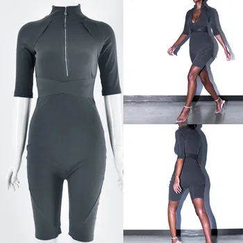 

Women Sexy Skinny Bodycon Rompers Bandage Ribbed Zipper Front Jumpsuits Overalls Autumn Winter Holiday Party Playsuit Bodysuit