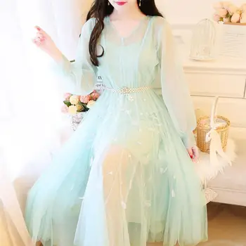 

Sweet Women Summer Pearl Belt Feathers Print Long Dress Women Korean French Maxi Dress Elegant V- Neck Party Dress Long Sleeve