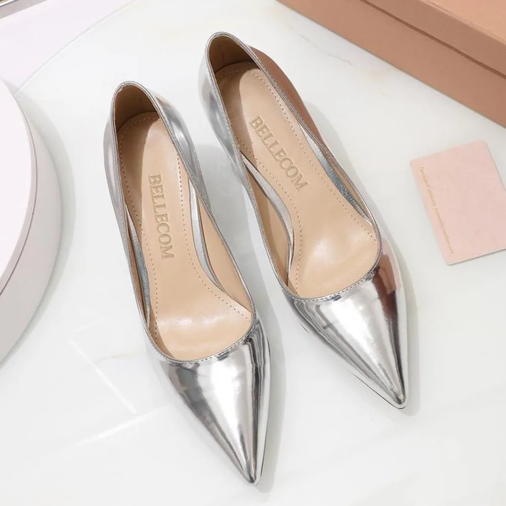 

BELLECOM 2019 spring/summer patent leather, pointed toe, clear crystal and thick heels for women's fashion sexy shoes