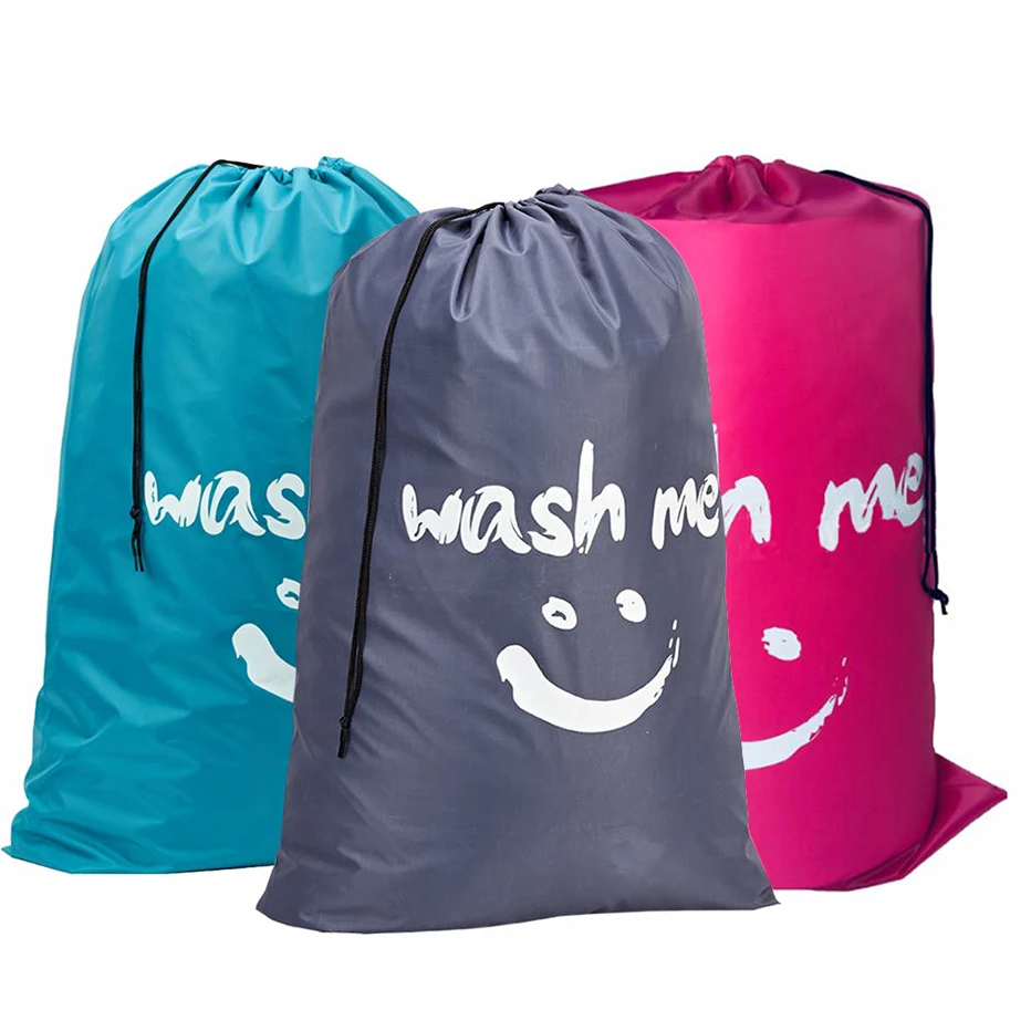 Forma de cara sonriente bolsa para lavandería de nailon Wash Me bolsa de almacenamiento de viaje lavable a máquina organizador de ropa sucia bolsa con cordón de lavado